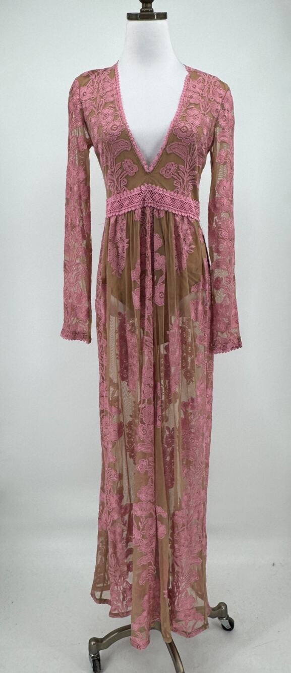 For Love & Lemons Temecula Pink Floral Lace Tulle Sheer Maxi Dress Sz M NEW